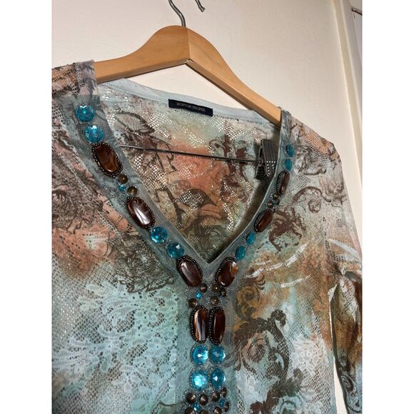 Boston Proper y2k Mesh Blouse Long Sleeve Top Sz Small Blue Brown Bedazzled Gems - Picture 4 of 6